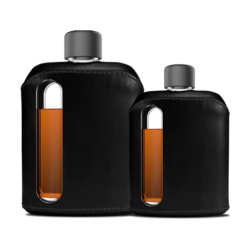 Ragproper Moderner Flachmann aus Glas – langlebiger Flachmann für Whisky für Männer & Frauen – Trinkflasche für Männer – Glas-Lederflasche für Spirituosen (Single Shot 100 ml + Double Shot 240 ml, von Ragproper