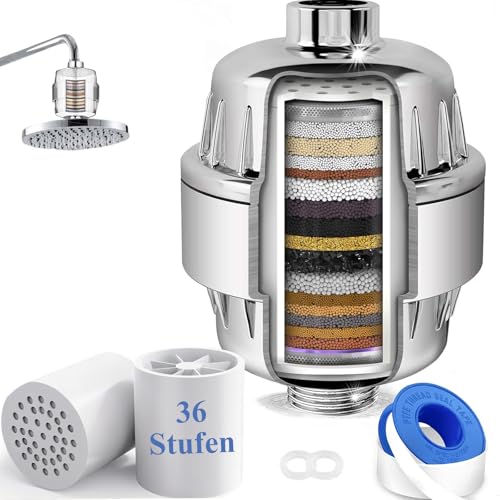 Raheem 36 Stufen Duschfilter Vitamin C E Kalkfilter Dusche mit 2 Filterpatrone zur Entfernung von hartem Wasser, Restchlor und Schwermetallen mit Lüfterblättern für Alle üblichen Duschfilter von Raheem