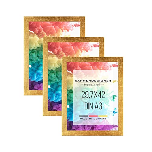 Rahmendesign24 3er Set Bilderrahmen Collage Milano 29,7x42 (DIN A3) Blattgold Fotorahmen, Wechselrahmen, Posterrahmen, Puzzlerahmen von Rahmendesign24