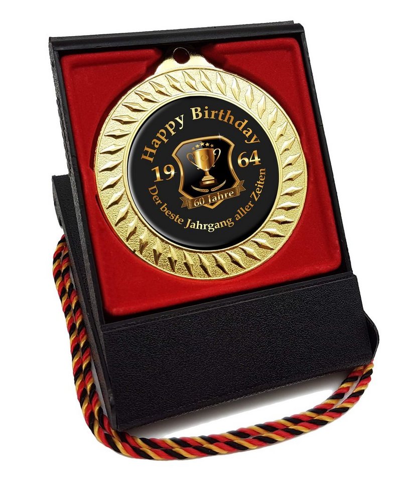 RAHMENLOS® Metallschild Medaille als Geschenk zum 60. Geburtstag - Jahrgang 1964, (Geschenkbox und Kordel), mit Geschenkbox und Kordel von RAHMENLOS®