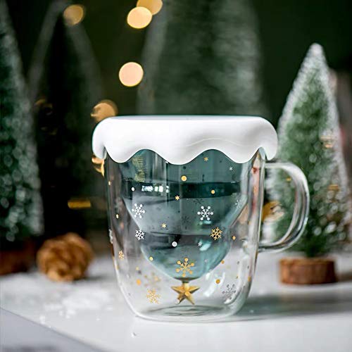 Lustige Weihnachts-Kaffeebecher, Doppelwandiges Glasgeschirr mit Deckel und Griff, Schneeflocken-Glasgeschirr für Tee, Milch, Getränke, Saft, Wasser, 300ml (10 oz) With Lid von Rain House