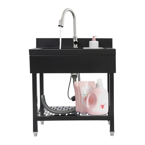 Edelstahl Spülbecken Freistehender Spültisch Küchenspüle mit ausziehbarem Wasserhahn, Ablage und Abtropfkorb Einzelbecken (Schwarz, 29") von RainWeel