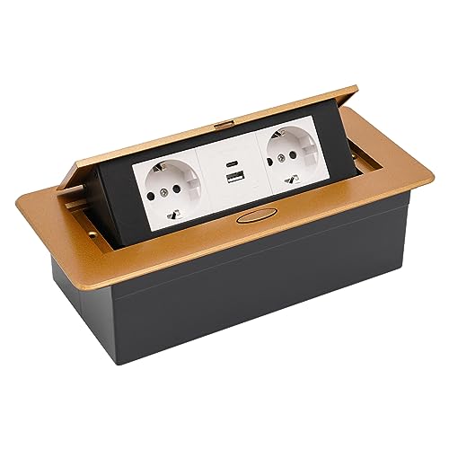 Einbausteckdose Tischplatte Versteckt Steckdose 2 250V 16A Steckdosen +1 USB+ 1 Typ-C Mehrfachsteckdose Pop up Steckdose Bodensteckdose (Gold) von RainWeel