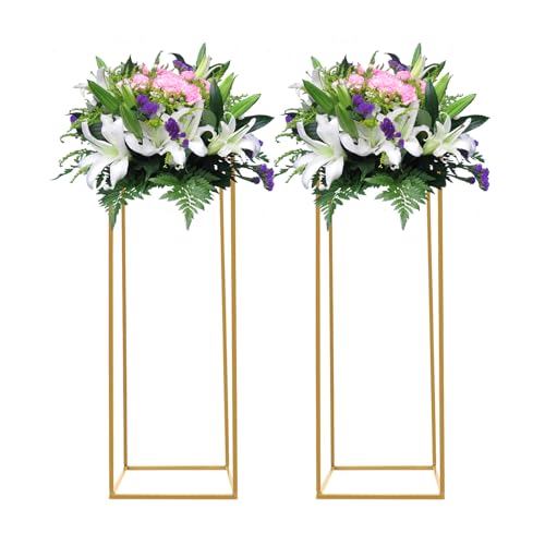 RainWeel Blumenhocker Gold Metall Blumenständer Set Pflanzenständer Geometrische Vasen Blumenregale für Tisch Mittelstücke Wohnkultur Deko (2er Set 28x28x80cm) von RainWeel