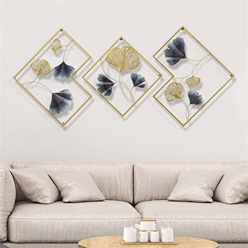 RainWeel Wanddeko Metall, Ginkgoblatt Wanddekor 3er Set Metallbild Schmiedeeisen Wandverzierung Goldenes Wandschmuck für Garten Wohnzimmer Schlafzimmer Esszimmer von RainWeel