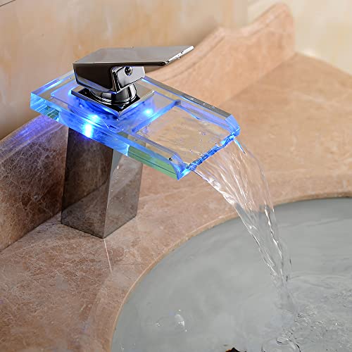 Wasserhahn mit Licht, LED Glas Wasserhahn Wasserfall Waschtischarmatur Bad, Led Wasserhahn Farbewechsel Beleuchtung 3 Farben von RainWeel
