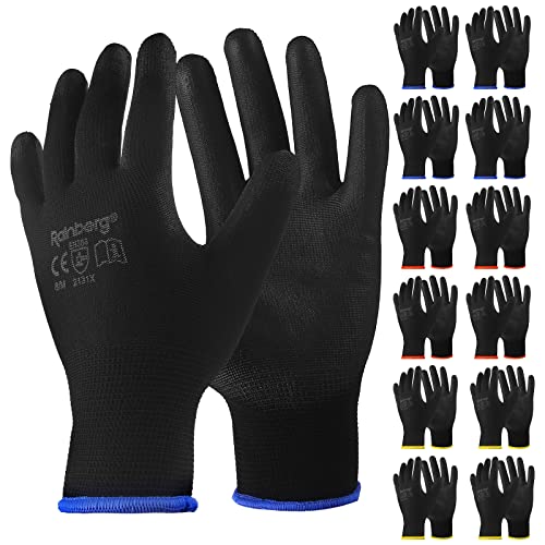 Rainberg 12 oder 24 Stück Sicherheitshandschuhe, Arbeitshandschuhe, mit sicherem Griff auf Handfläche und Fingern, PU und Nylon, rutschfeste Handschuhe, ideal für allgemeine Arbeit, Gartenarbeit (12 von Rainberg