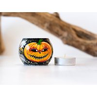 Kürbis-Kerzenhalter, Halloween-Teelichthalter, Jack O'lantern-Kerzenhalter, Orange Blumen-Kerzenhalter, Unigue Gemalter Teelicht-Dekor von RainbowOnThePipe