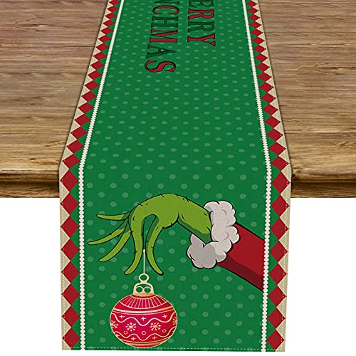 Merry Grinchmas Tischläufer Leinen Grinch Weihnachten Winter Urlaub Rustikale Küche Esszimmer Dekoration von Rainlemon