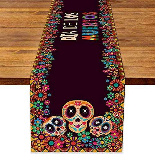 Rainlemon Linen Dia De Los Muertos Tischläufer mexikanischer Sugar Skull Halloween Day of the Dead Küche Esszimmer Dekoration von Rainlemon