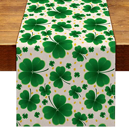 Linen St. Patrick's Day Tischläufer, rustikales grünes Kleeblatt, Glücksbringer, Dekoration für Zuhause, Esszimmer von Rainlemon