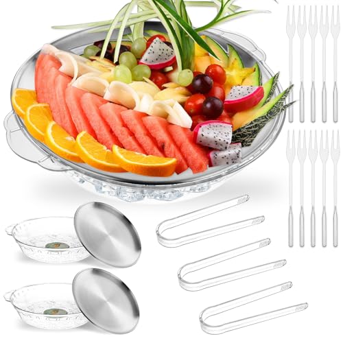 3 Set 30 cm gekühltes Serviertablett für Partys mit Fächern, Eisgekühlte Partyplatte, Eis-Servierbrett mit 3 Zangen, 10 Gabeln, Cold Dish Dip für Obst, Gemüse, Vorspeisen, Garnelen von Rainmae