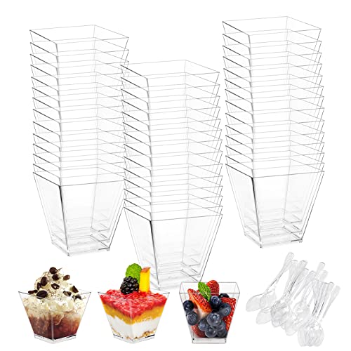 Rainmae 100 stück dessertgläser mit Löffeln plastik 2oz/60ML, dessertschalen Klare Wiederverwendbar,Quadratischer dessertbecher, desserttassen für Pudding Mousse Eiscreme Geburtstag Hochzeiten Party von Rainmae