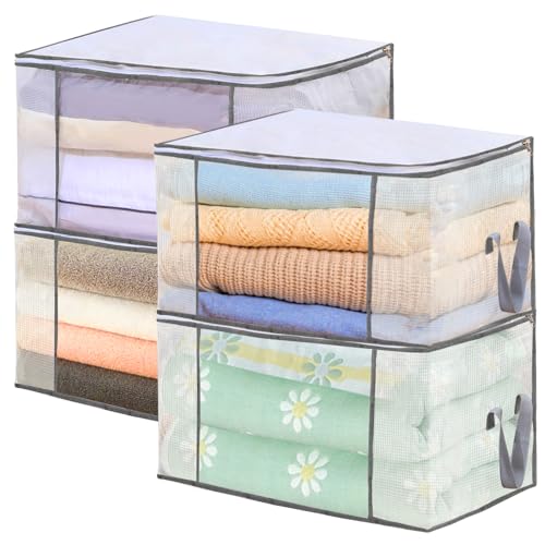 Rainmae 4 Stück 80L Aufbewahrungstasche,Aufbewahrungsbox mit Deckel Große, Kleiderschrank Faltbare Kleideraufbewahrung Umzugskartons für Kleidung, Bettdecken und Bettwäsche,Clothes Storage Boxes von Rainmae