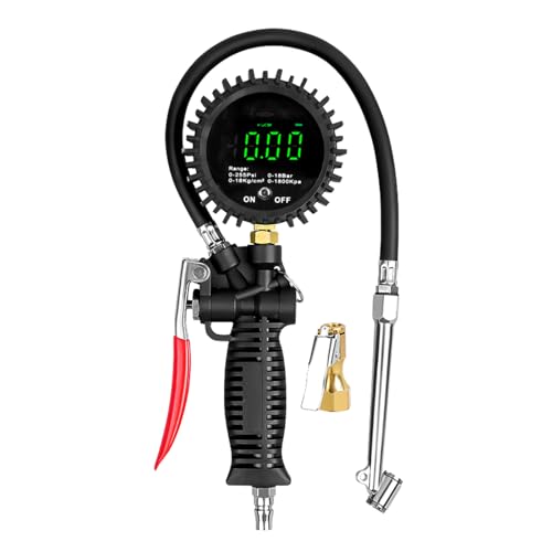 Rainorning Integrierte Digitale Reifendruckprüfpistole, 0–255PSI, 0–18 Bar, Auto Luftpumpe mit Entleerungsfunktion, 4 Messeinheiten Umschaltbar von Rainorning