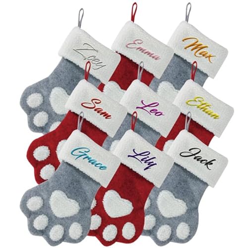 Rainsar Weihnachtssocken zum aufhängen, Bestickt mit Hunde- oder Katzennamen,Pfotenförmige Weihnachtsstrumpf Personalisiert, geeignet für Zuhause, Feste und Dekoration von Rainsar