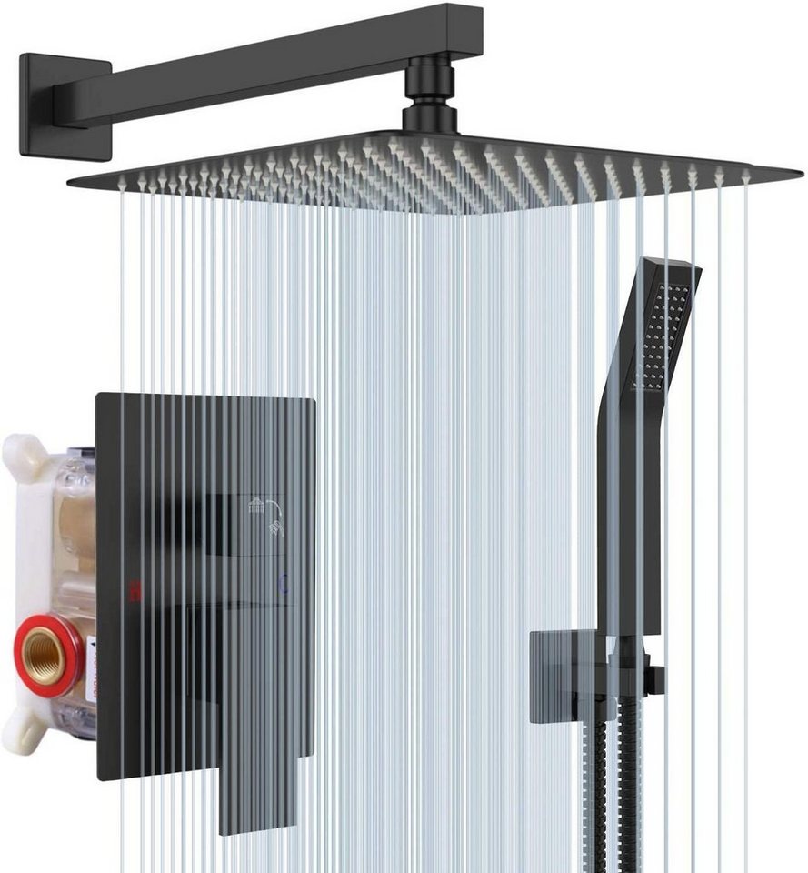 Duschsystem Picobello, Höhe 40 cm, 3 Strahlart(en), Komplett-Set, 9 tlg., Matt Schwarz Unterputz Duschsystem- Hochmoderne Air Injection-Technologie - 25 * 25CM Quadratischer Regenduschkopf - Messing und Edelstahl Unterputz Duscharmatur Set von Rainsworth