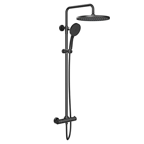 Rainsworth Duschsystem mit Thermostat Schwarz, Duscharmatur Komplettset mit 30cm Rund Regendusche Duschkopf, 5 Strahlarten Duschkopf, 92-126 cm Höhenverstellbar, Regendusche mit Armatur, Duschset von Rainsworth