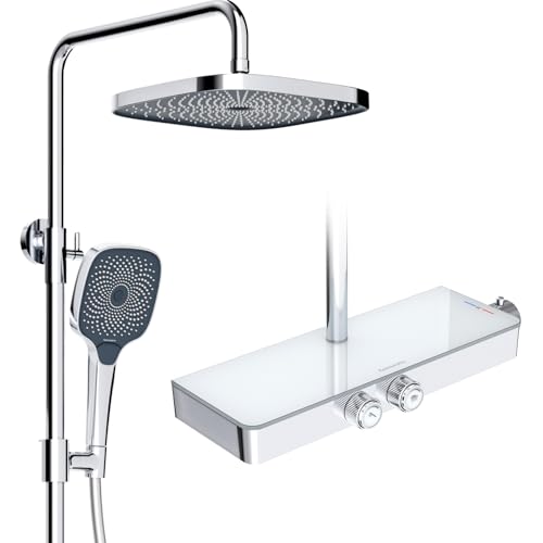 Rainsworth Duschsystem mit Thermostat und Glasablage Chrom - Duscharmatur Komplettset mit Regendusche 26 x 26 cm, Handbrause 3 Strahlarten - Duschset Regendusche mit Armatur von Rainsworth