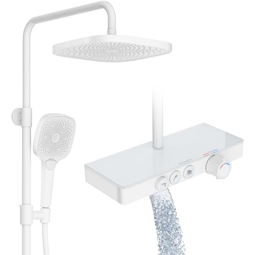 Rainsworth Duschsystem mit Thermostat und Glasablage Weiß - Duscharmatur Komplettset mit Regendusche 26 x 26 cm, Handbrause 3 Strahlarten und Unterer Auslauf - Duschset Regendusche mit Armatur von Rainsworth