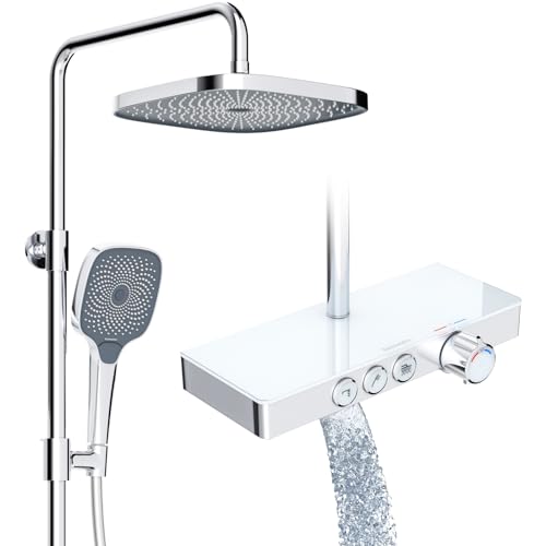 Rainsworth Duschsystem mit Thermostat und Glasablage Chrom - Duscharmatur Komplettset mit Regendusche 26 x 26 cm, Handbrause 3 Strahlarten und Unterer Auslauf - Duschset Regendusche mit Armatur von Rainsworth