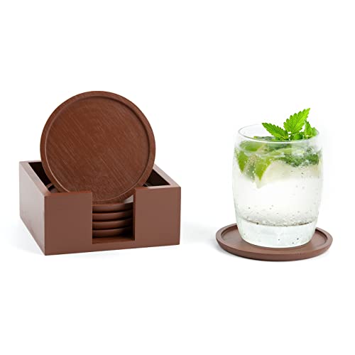 Rainsworth Rund Untersetzer Set Holz: 6er Glasuntersetzer, Tassen Coasters für Gläser mit Box, für Drinks, Bier, Glas, Kaffee, Holz Kerzenuntersetzer Deko Geschenke, Dunkelbraun von Rainsworth