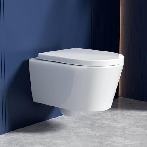 Rainsworth Spülrandlos Wand-WC Tiefspül Toilette - Hänge Toiletten mit effizienter Spültechnik, Kloschüssel inklusive WC-Sitz mit Absenkautomatik und Schnellspanner, Weiß, 48,5 cm lang von Rainsworth