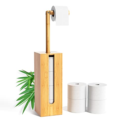 Rainsworth Toilettenpapierhalter Stehend Bambus mit Aufbewahrung für 4 Rollen, 2-in-1 Holz Klopapierhalter stehend mit Deckel und Ablage, umweltfreundliche WC Papier Halterung von Rainsworth