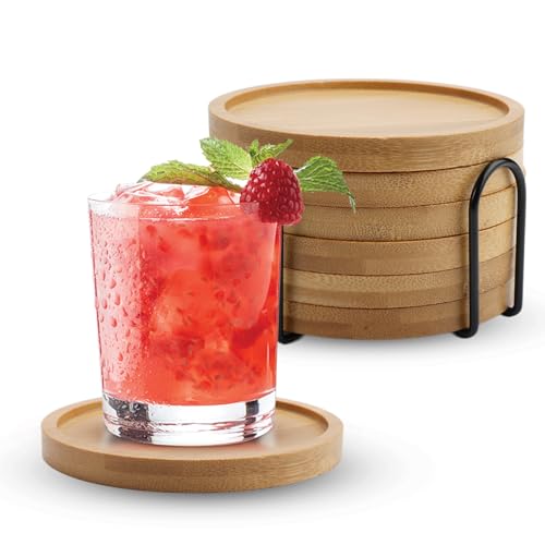 Bambus Untersetzer Rund für Gläser 6er Set,Coasters for Drinks mit Halter,Untersetzer Gläser Waschbar,Bambus Glasuntersetzer Zarte,10cm Bambu Tassenuntersetzer,Holzuntersetzer für Getränke,Bar,Tassen von Rairsky