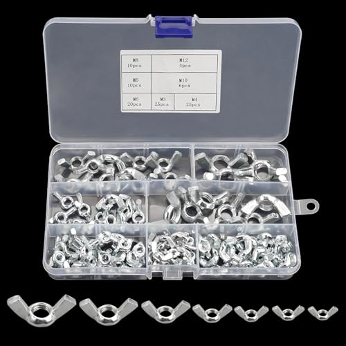 Flügelmuttern Sortiment Kit Flügelmutter Edelstahl, Muttern Set M3 M4 M5 M6 M8 M10 M12，Flügelschraube Hardware Tools, Schmetterlings Flügelschrauben, Flügelmutter Satz （100 Silber） von Rairsky