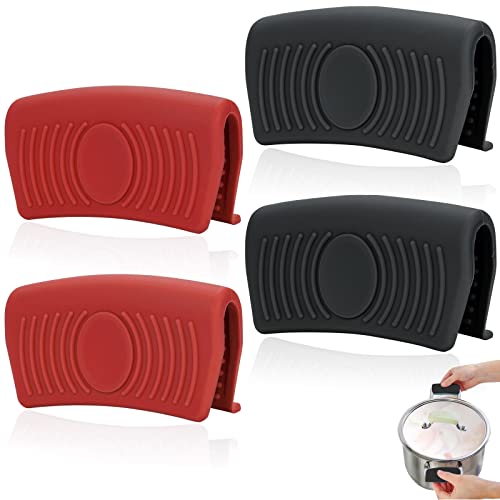 Topflappen Silikon Handschuhe Griff,4 Stück Topflappen Griffhalter Handclip,Silikon Assist Griffgriff Wärmeisolierter Hot Pot Griffhalter Hülsen Finger Schützen für Küche Kochen（Rot & Schwarz） von Rairsky