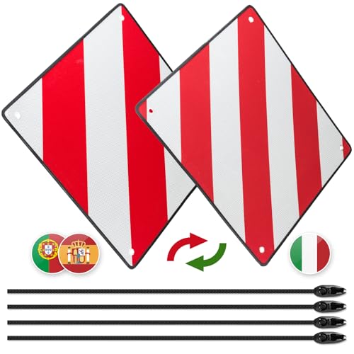 Warntafel Italien & Spanien, Raisaplin 2 in 1 Warnschild Reflektierend mit Spanngurte & Eckenschützer für Fahrradträger Heckträger zur Kennzeichnung überstehender Ladung - 50x50cm Aluminium Rot/Weiß von Raisaplin