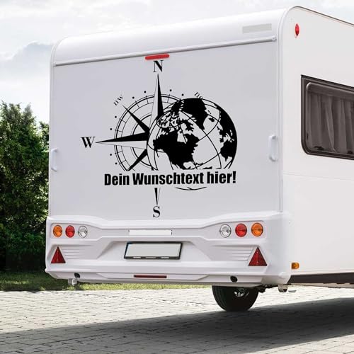 2 x Kompass Erdkugel mit "Wunschtext" Farb&Größenwahl Wohnwagen Wohnmobil Camper Autoaufkleber personalisierbar Sticker Globus Links/rechts von Rakelfix