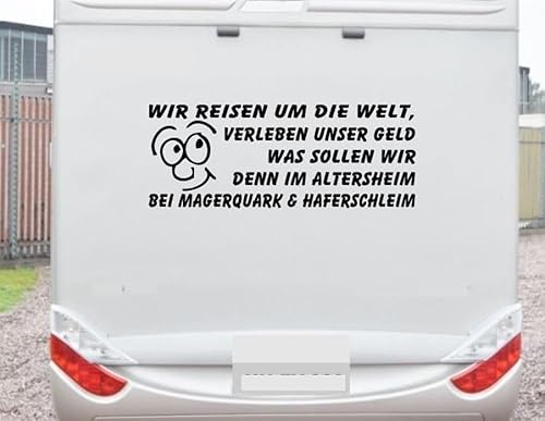 Wir reisen um die Welt Lustiger Spruch Aufkleber Größe S 60 x 30 cm für Wohnmobil Wohnwagen Womo WOWA Caravan von Rakelfix