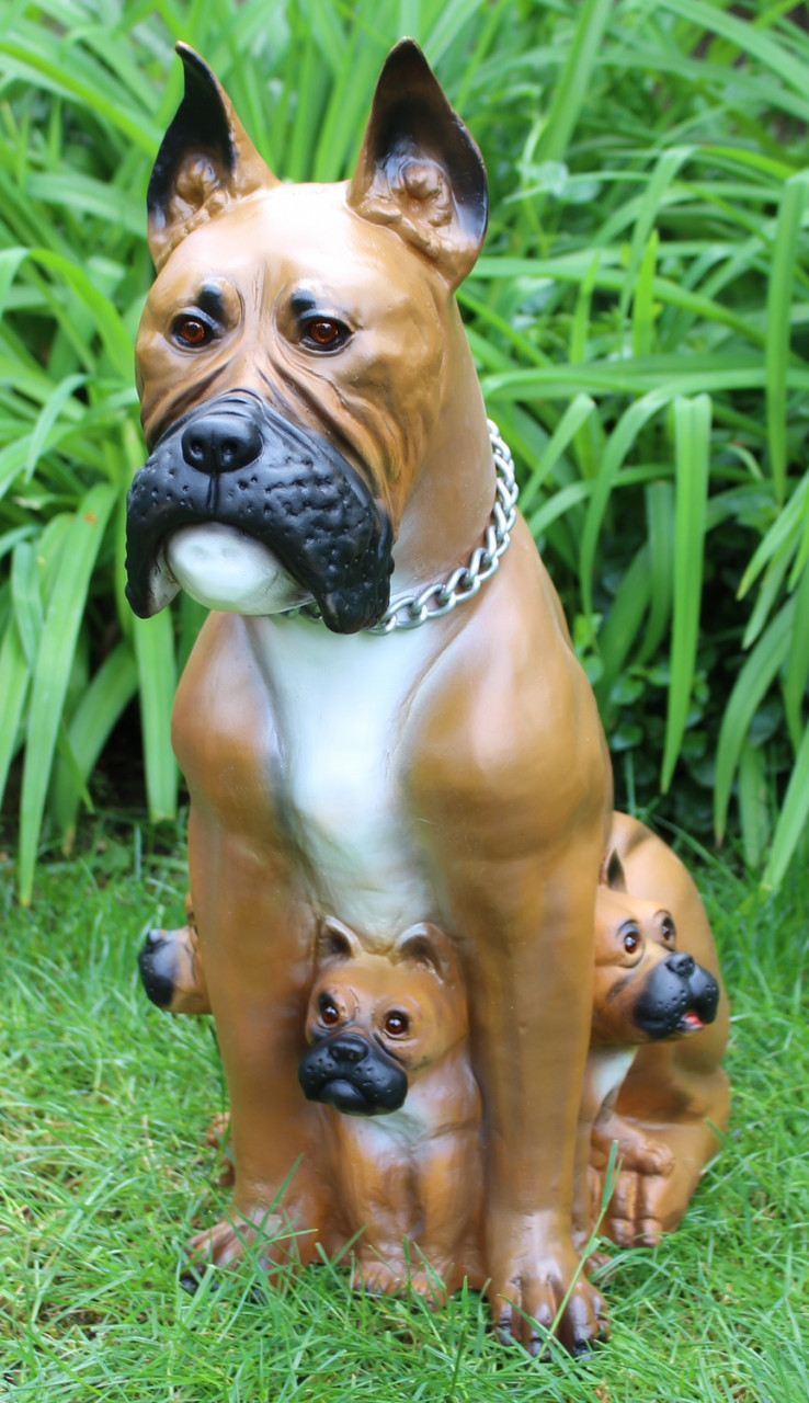 Deko Garten Figur Dekofigur Gartenfigur Tierfigur Hund Boxer mit drei Welpen aus Kunststoff H 59 cm von Rakso