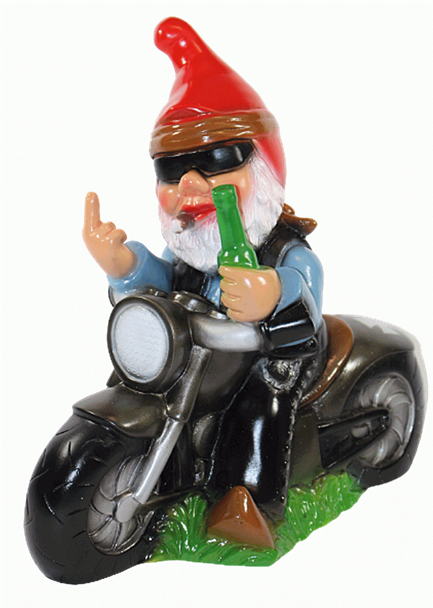 Gartenzwerg Deko Garten Figur Zwerg Biker auf Motorrad mit Stinkefinger aus Kunststoff H 33 cm von Rakso