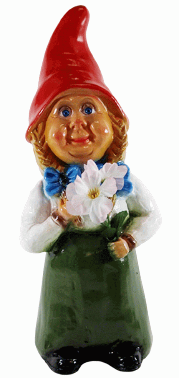 Gartenzwerg Deko Garten Figur Zwerg Zwergenfrau mit Blumen stehend aus Kunststoff H 32 cm von Rakso