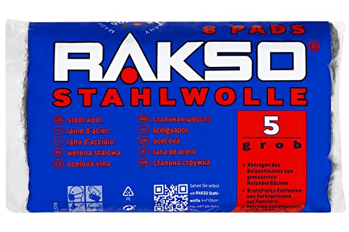 RAKSO Stahlwolle grob 5 | 200g, 8 Pads, Beizschlamm abtragen v. Holz, entfernt Farbspritzer auf Glas, Flugrost auf Werkzeugen RAKSO Stahlwolle grob 5 | 200g, 8 Pads, Beizschlamm abtragen v. Holz, entfernt Farbspritzer auf Glas, Flugrost auf Werkzeugen von RAKSO