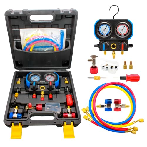 Manometer mit Glycerin, Maletin Set Manometer für Klimaanlage mit Glyzerin für Präzision, Kältemittel R22, R134a, R410 Manometer zum Nachfüllen von Kühlgas, vibrationsfrei von Ralertreik