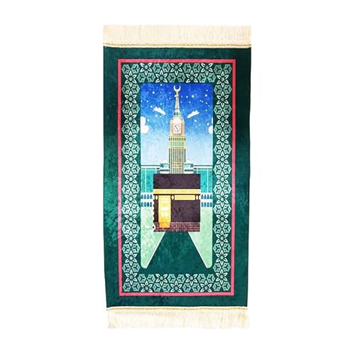 Ramadan24 Kinder Gebetsteppich │Glänzend Kinder Kleiner Teppich │ Saccad Kaaba Motiv │90x50 cm (Grün) von Ramadan24