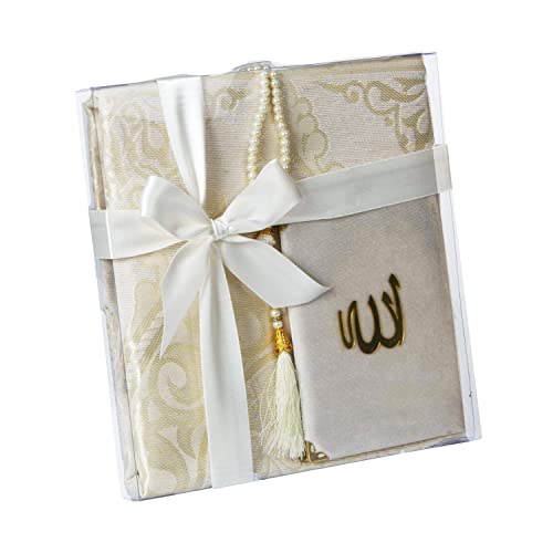 Ramadan24 Geschenkset Koran Gebetsteppich islamische Gebetsperlen | Heilige Geschenke für Muslime | Kuran Tasbih Sajjad 110x70cm (Beige) von Ramadan24