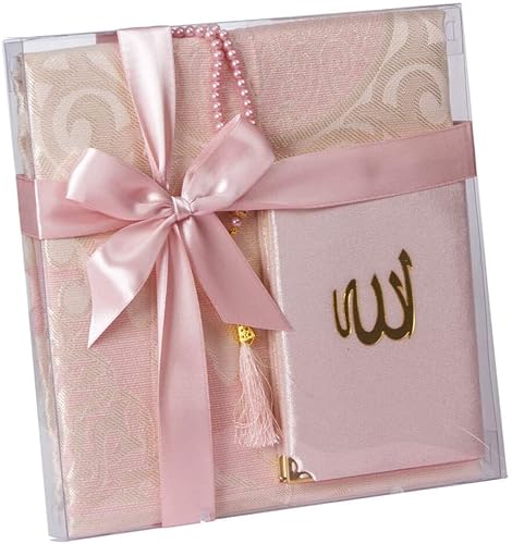 Ramadan24 Geschenkset Koran Gebetsteppich islamische Gebetsperlen | Heilige Geschenke für Muslime | Kuran Tasbih Sajjad 110x70cm (Rosa) von Ramadan24