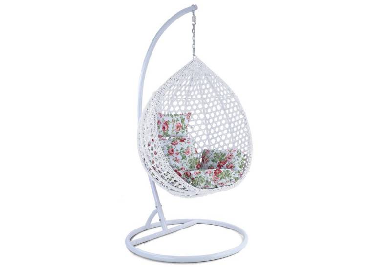 RAMROXX Hängesessel Hängesessel Style XXL Polyrattan mit Korb weiß Kissen floral von Ramroxx