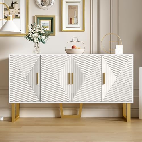 150cm moderner, luxuriöser weißer Sideboard mit hochglänzenden strukturierten Türen und goldenen Griffen, 4-Türen-Design, höhenverstellbare Regale von RanRan