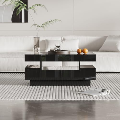 Couchtisch, Hochglanzoberfläche, mit LED-Lichtleiste, Vier Schubladen vorne und hinten, großer Stauraum (Schwarz) von RanRan