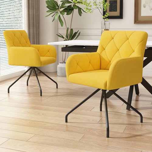 Esszimmerstühle mit Rautenmuster,Gepolsterter Sessel mit 4 Metallbeinen,Moderner Lounge-Stuhl,Wohnzimmerstuhl für Shlafzimmer,Arbeitzimmer und Schreibtisch,Lendenwirbelstütze,Samt (2er Set, Hellgelb) von RanRan