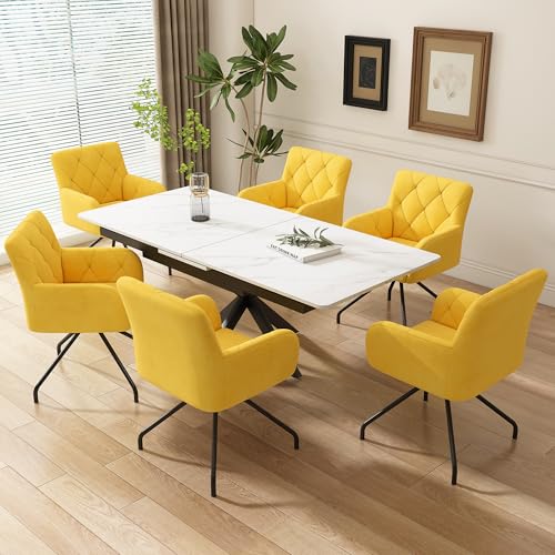 Esszimmerstühle mit Rautenmuster,Gepolsterter Sessel mit 4 Metallbeinen,Moderner Lounge-Stuhl,Wohnzimmerstuhl für Shlafzimmer,Arbeitzimmer und Schreibtisch,Lendenwirbelstütze,Samt (6er Set, Hellgelb) von RanRan