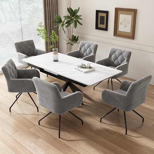 Esszimmerstühle mit Rautenmuster,Gepolsterter Sessel mit 4 Metallbeinen,Moderner Lounge-Stuhl,Wohnzimmerstuhl für Shlafzimmer,Arbeitzimmer und Schreibtisch,Lendenwirbelstütze,Samt (6er Set, HellGrau) von RanRan