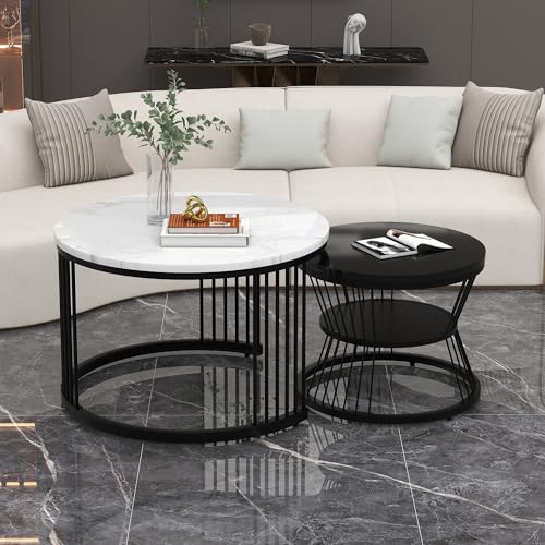 Moderner Nesting-Couchtisch, Couchtisch-Set, Hochglanz-Tischplatte, marmoriert, Sofa-Beistelltisch, runder Nesting-Couchtisch, 2er-Set, schwarzer Rahmen von RanRan