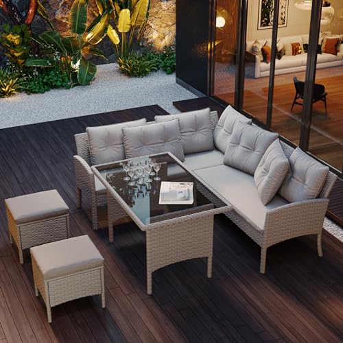 Poly Rattan Sitzgruppe Esstisch Lounge Gartenmöbel Sitzgarnitur Garten-Garnitur Set, Gartenlounge für 7 Personen, mit Sofa, Tisch, Hocker & Kissen,Abnehmbarer und waschbarer Stoffbezug (Khaki) von RanRan